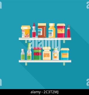 Flaconi per medicinali con design piatto. Illustrazione vettoriale Illustrazione Vettoriale