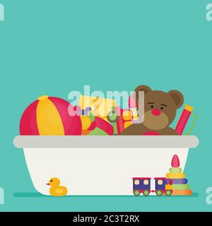 Scatola dei giocattoli piena di giocattoli per bambini. Moderno stile piatto illustrazione vettoriale cartoon clipart. Illustrazione Vettoriale