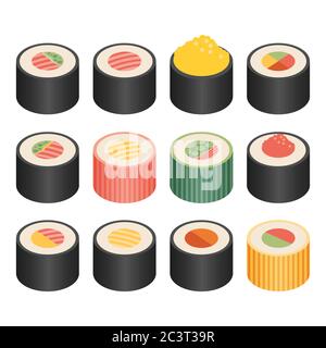 Icone piatte isometriche, set vettoriale di pittogrammi 3D - raccolta di simboli Sushi Illustrazione Vettoriale