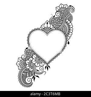 Motivo floreale Mehndi con cuore per disegno hennè e tatuaggio. Decorazione in stile etnico orientale, indiano. Illustrazione Vettoriale