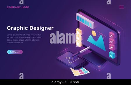 Landing page isometrica del graphic designer, desktop per computer, tablet pc con applicazione per pittura, oggetti e strumenti per il lavoro creativo, attrezzature per illustratori e software di programma 3d vettoriale web banner Illustrazione Vettoriale