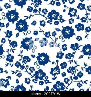 Vector Cinese Classico Blu tradizionale carta da taglio o porcellana senza cuciture Primavera motivo floreale. Illustrazione Vettoriale