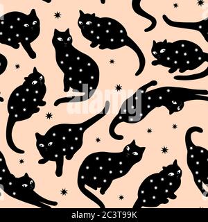 Vector misterioso Black Cat Silhouette modello senza giunture con Star decor, Corallo e Nero. Illustrazione Vettoriale