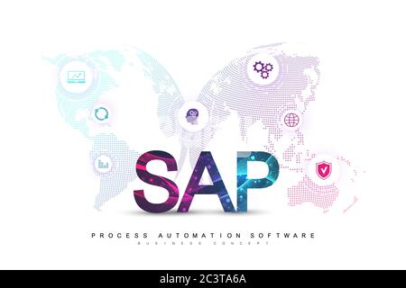 SAP Business process automation software. ERP Enterprise Resources Planning il concetto di sistema modello di pagina di intestazione. Il futuro della tecnologia sci-fi concetto SAP Illustrazione Vettoriale