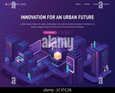 Innovazione per il futuro urbano landing page isometrica. Città intelligente con persone che utilizzano gadget e tecnologie per la vita e il business. Edifici smartcity futuristici al neon, banner Web vettoriale 3d Illustrazione Vettoriale