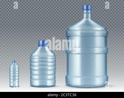Bottiglie Plastik, piccole e grandi per il refrigeratore dell'acqua. Vettore realistico mockup di plastica blu imballaggio per acqua potabile isolato su fondo trasparente, vuoto contenitore di erogazione gallone Illustrazione Vettoriale