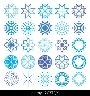 Set di icone vettoriali natalizie, forme geometriche con collezione di linee, fiocchi di neve e stelle invernali Illustrazione Vettoriale