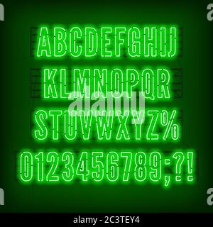Alfabeto al neon verde retrò con numeri su sfondo scuro. Illustrazione Vettoriale