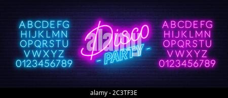 Testo al neon disco party su sfondo muretto. Font brillanti. Illustrazione Vettoriale