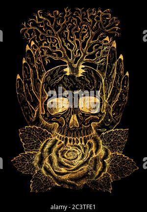 Emblema d'oro con cranio, mani umane, albero e rosa. Illustrazione esoterica, occulta e gotica con simboli di morte, sfondo mistico di Halloween, eng Foto Stock