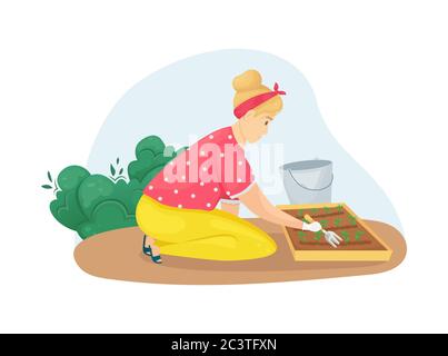 Una donna seduta sulle ginocchia allenta un letto di giovani pianta. Piantando, vegetali crescenti. La cura del giardino. Agricoltura, agricoltura. Illustrazione Vettoriale