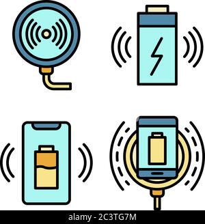 Le icone del caricabatteria wireless consentono di impostare il vettore in modo che si appiatt Illustrazione Vettoriale