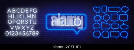 Il neon segno di parola ciao nel parlato bolla cornice su sfondo scuro. Set di bolle di parlato al neon e l'alfabeto su sfondo scuro. Illustrazione Vettoriale