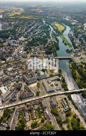 Vista del centro città con porto della città, 21.07.2019, vista aerea, Germania, Nord Reno-Westfalia, Ruhr Area, Muelheim/Ruhr Foto Stock