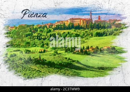 Città di Pienza in Toscana, pittura acquerello Foto Stock