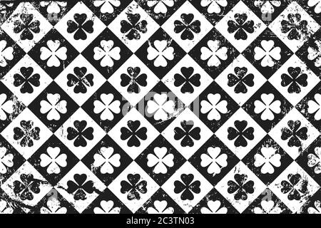 Grunge pattern con icone di trifogli. Sfondo orizzontale bianco e nero. Illustrazione Vettoriale