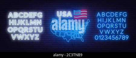 Mappa al neon degli Stati Uniti su sfondo murario in mattoni. Font brillanti. Illustrazione Vettoriale