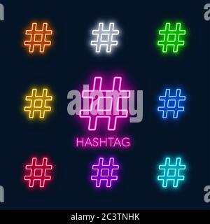 Simboli colorati al neon hashtag su sfondo nero. Illustrazione Vettoriale