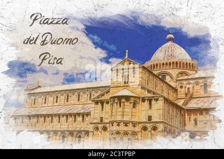 Pittura ad acquerello dei monumenti di Pisa Foto Stock