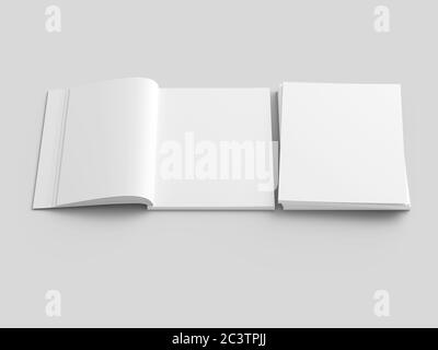 Aprire il caricatore con rilegatura adesiva. Stack di cataloghi. Formato verticale A4. illustrazione 3d. Foto Stock
