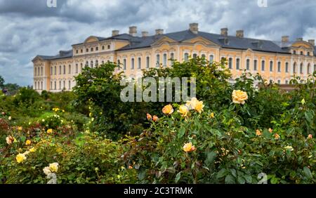 Cespugli di rose nel giardino del Palazzo Rundale in una giornata di lavoro. Foto Stock