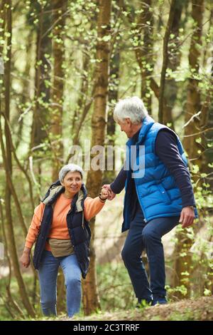 Verticale ritratto di tutta la lunghezza della coppia attiva senior che si aiuta mentre si arrampica su collina durante l'escursione nella foresta illuminata dal sole Foto Stock