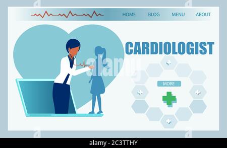 Concetto medico online. Vettore di un medico cardiologo che utilizza la tecnologia moderna per assistere un paziente Illustrazione Vettoriale