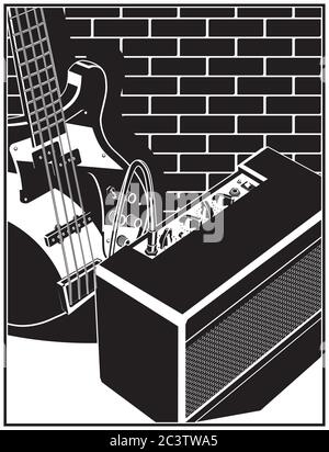 Illustrazione vettoriale stilizzata di un amplificatore elettrico per chitarra e chitarra su uno sfondo a muro in mattoni Illustrazione Vettoriale