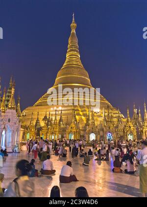 dh Shwedagon Pagoda tempio YANGON MYANMAR popolo birmano templi buddisti Notte Grande Dagon Zedi Daw foglia d'oro stupa dorato Foto Stock