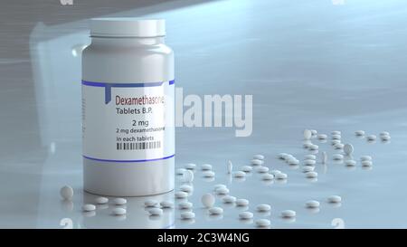 Compresse di desametasone - un'innovazione nel trattamento del coronavirus Sars-COV-2. Illustrazione 3D. Foto Stock