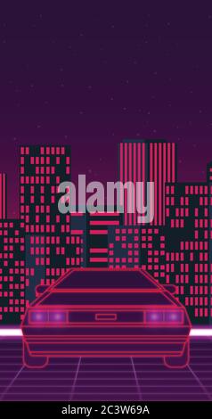 Retro futuro, stile anni '80 Sci-Fi sfondo. Auto futuristica. Illustrazione Vettoriale