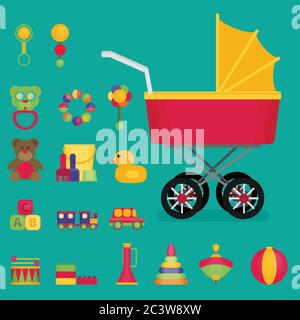Vettore set di icone piatte per i giocattoli per bambini Illustrazione Vettoriale