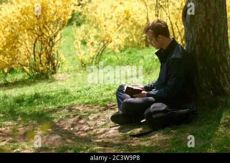 Giovane che legge la Bibbia nel parco. Foto Stock