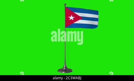 Cuba piccola bandiera che batte su un flagpole. Sfondo verde dello schermo. rendering 3d Foto Stock