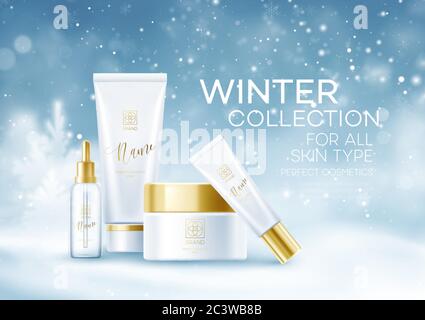 Mascherina di sfondo per i cosmetici invernali. Tubi cosmetici su sfondo invernale innevato paesaggio. Sfondo di polvere di neve. Illustrazione vettoriale Illustrazione Vettoriale