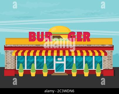 Facciata di burger negozio vettore piano. Illustrazione Vettoriale