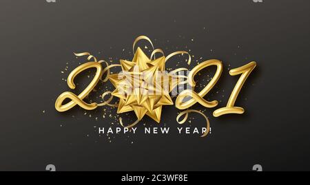 Felice anno nuovo realistico oro iscrizione 2021 con prua d'oro regalo e oro tindel su sfondo nero. Illustrazione vettoriale Illustrazione Vettoriale