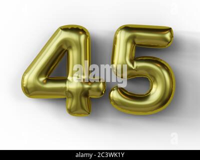 Palloncino dorato a forma di numero 45 isolato. illustrazione 3d. Foto Stock