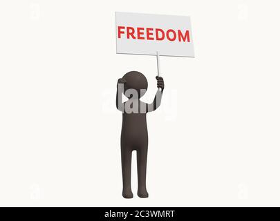 Personaggio 3D anonimo con segno che protesta per la libertà Foto Stock