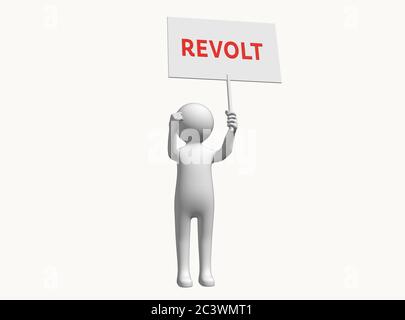 Personaggio 3D anonimo con segno che protesta per rivoluzione e rivolta Foto Stock
