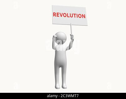 Personaggio 3D anonimo con segno che protesta per rivoluzione e rivolta Foto Stock