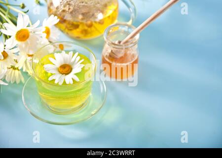 Tazza di vetro di sano tè camomille alle erbe con fiori di camomille e vaso di miele su sfondo blu. Naturopatia. Matricaria camomilla. Centro benessere copie Foto Stock