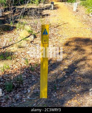 Cartello giallo che indica il percorso della pista ciclabile Munda Biddi a Nannup, Australia Occidentale Sud-Ovest. Foto Stock