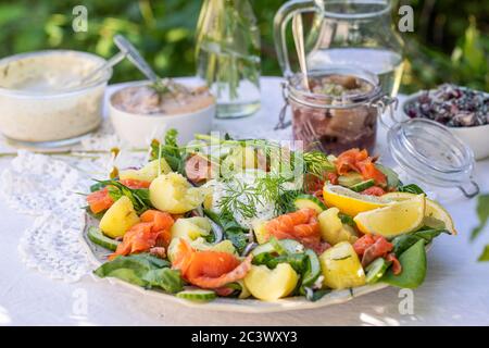 Una sana insalata di salmone affumicata con patate novelle e spinaci freschi. Su un buffet estivo all'aperto, con aringhe sottaceto e una brocca sullo sfondo. Tip Foto Stock