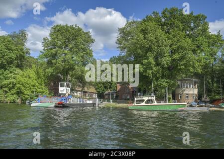 Imbarco in traghetto, isola di Scharfenberg, Tegeler See, Tegel, Reinickendorf, Berlino, Germania, Fähre, Internat, Insel Scharfenberg, Deutschland Foto Stock