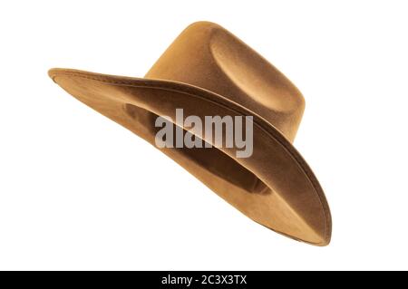 Rodeo Horse Rider, Wild West culture, americana e american country music concept tema con vista laterale di un cappello cowboy marrone in pelle isolato su whit Foto Stock