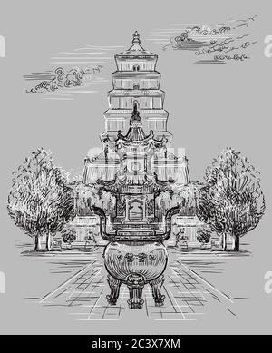 La Pagoda della Grande Oca selvaggia nel sud di Xi'an, provincia di Shaanxi, punto di riferimento della Cina. Illustrazione dello schizzo vettoriale disegnata a mano in colori monocromatici isolati su g. Illustrazione Vettoriale