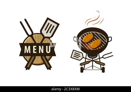 Logo o etichetta barbecue. Design del menu per caffè e ristorante Illustrazione Vettoriale