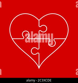 Contorno del cuore bianco a forma di puzzle su sfondo rosso. Cuore sano, cardiologia. Unità, amore, concetto. Vettore Illustrazione Vettoriale