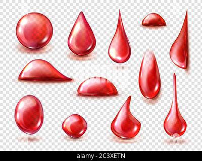 Gocce rosse di acqua rossa, vino o sangue isolate su sfondo trasparente. Vettore realistico mockup di gocce liquide di succo di fragola o ciliegia, bevanda di frutta, bolle di rubino chiaro Illustrazione Vettoriale